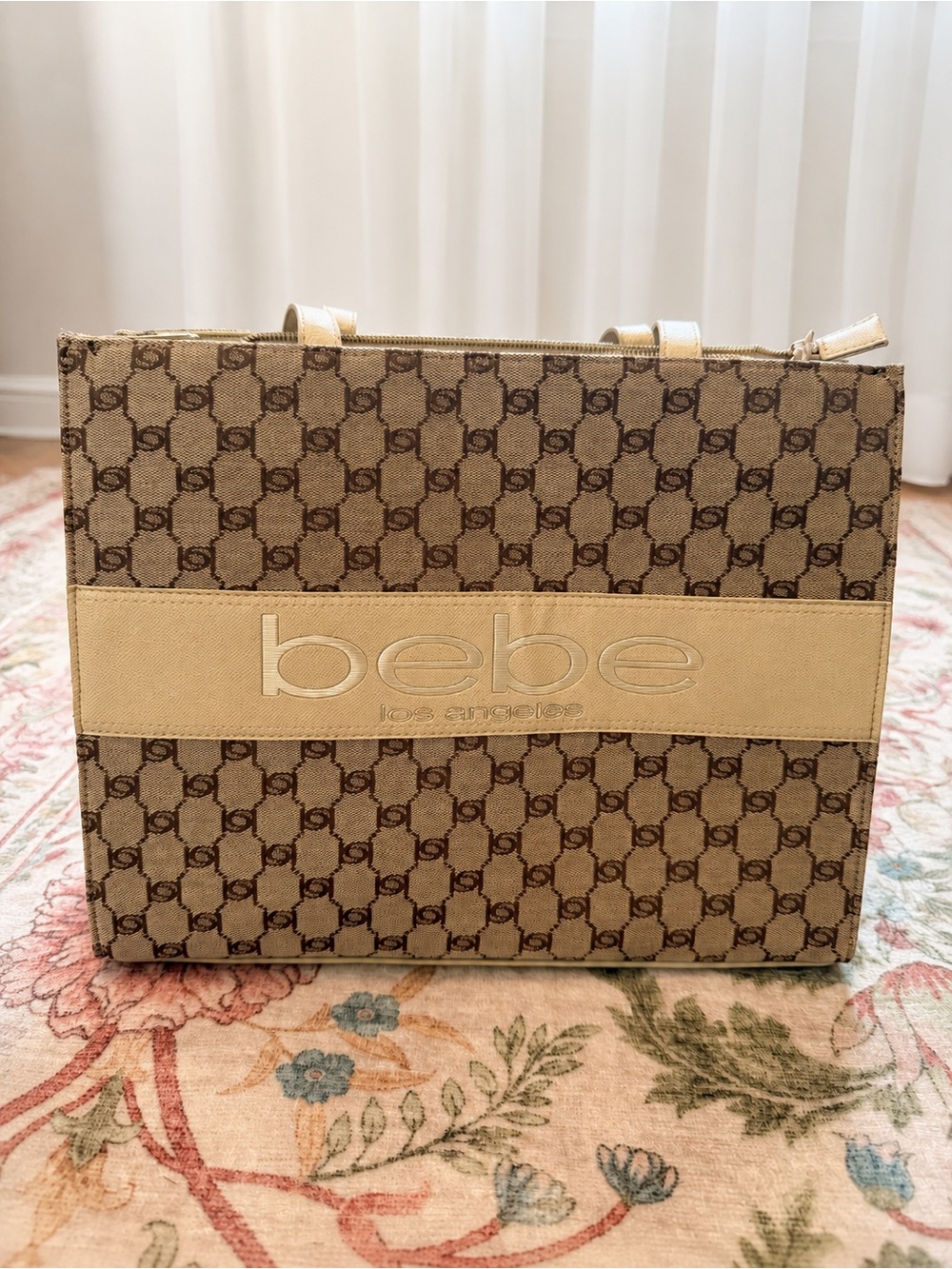 bebe Beige and Brown Logo Canvas Tote